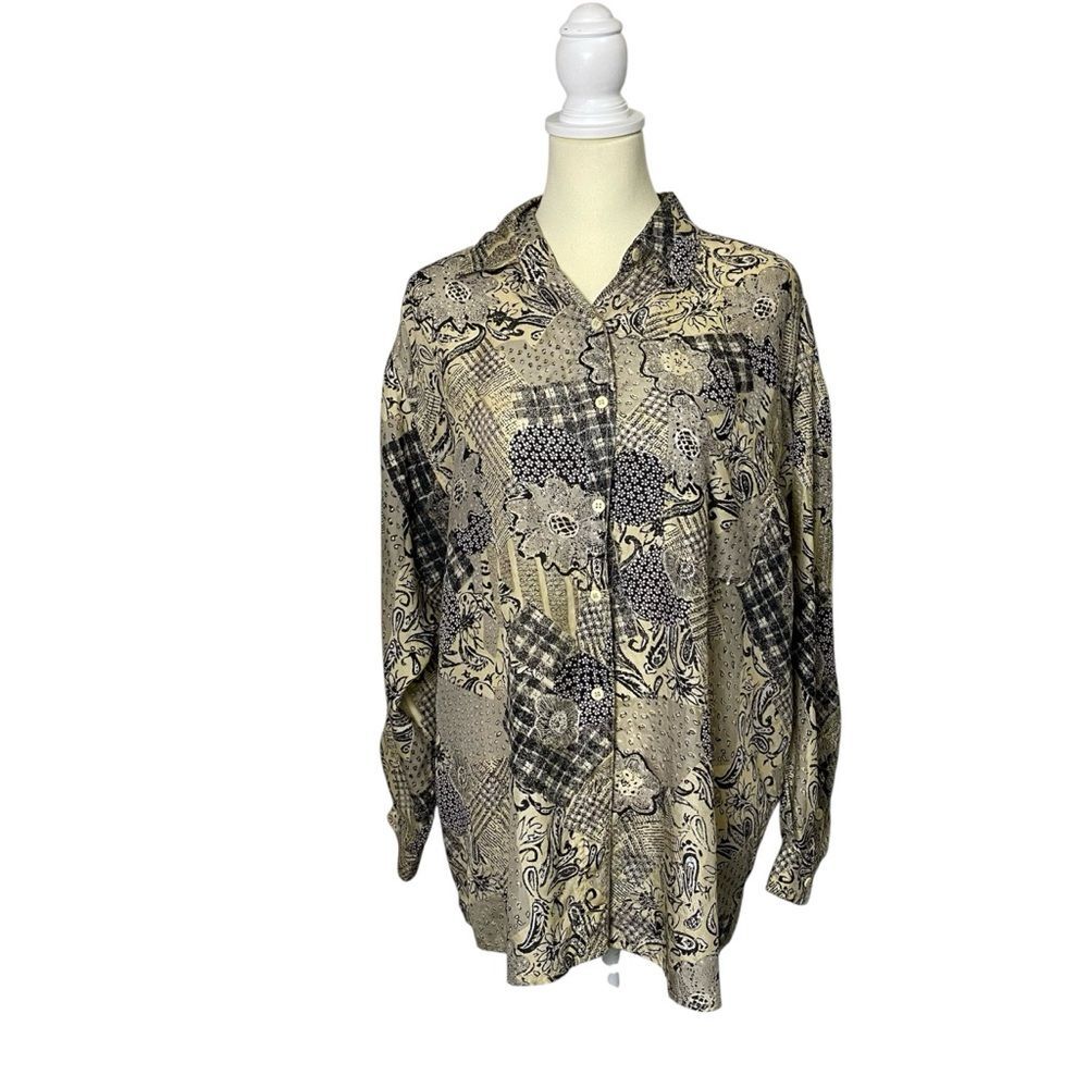 Vintage Details Express 100% Silk Button Front Floral Paisley Blouse Women's LG